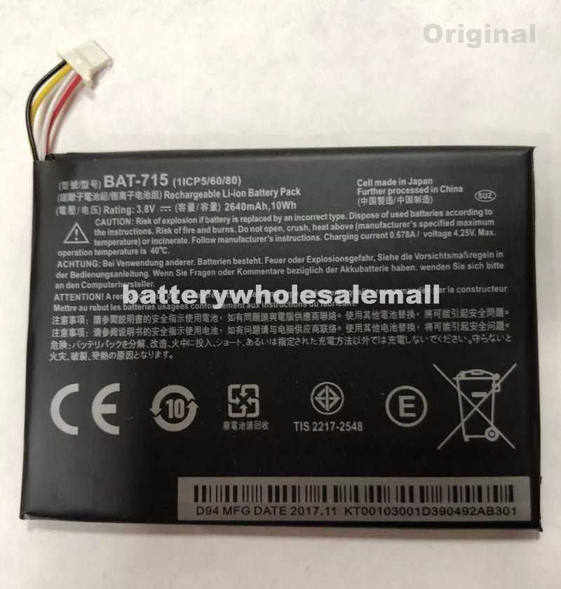 New 2640mAh 3.8V Battery BAT-715 1ICP5/60/80 For Acer Iconia Tab B1 B1-A71